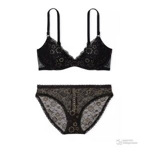 NWT VS Wireless Black Posey Lace Bra and Panty Set 34B/S
